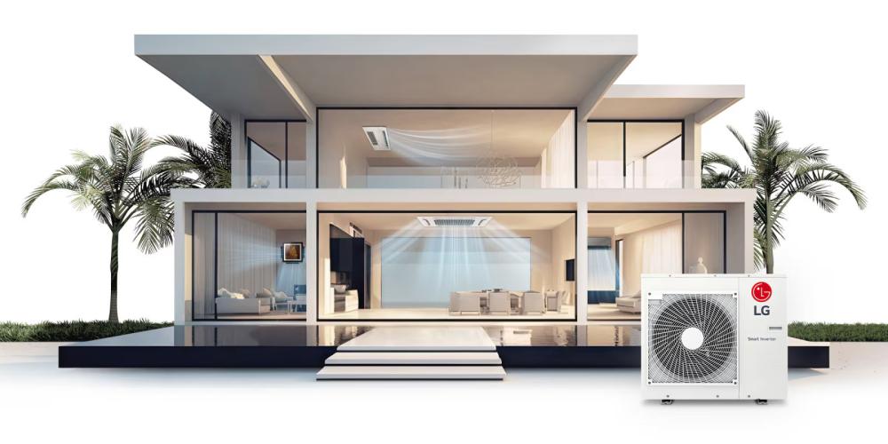A two-story mansion showcases four LG indoor units through large glass windows, their airflow discernible, with an LG Smart Inverter unit outside.